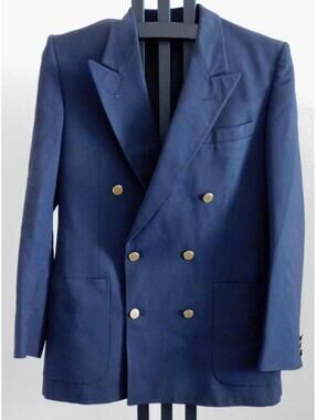 Vintage Daniel Hechter/May D&F Navy Wool Blazer 44 Double Breasted Gold Buttons